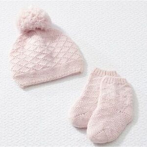 Pottery Barn Kids Luxe Cozy Pink Pom-Pom Knit Baby Hat and Bootie Set